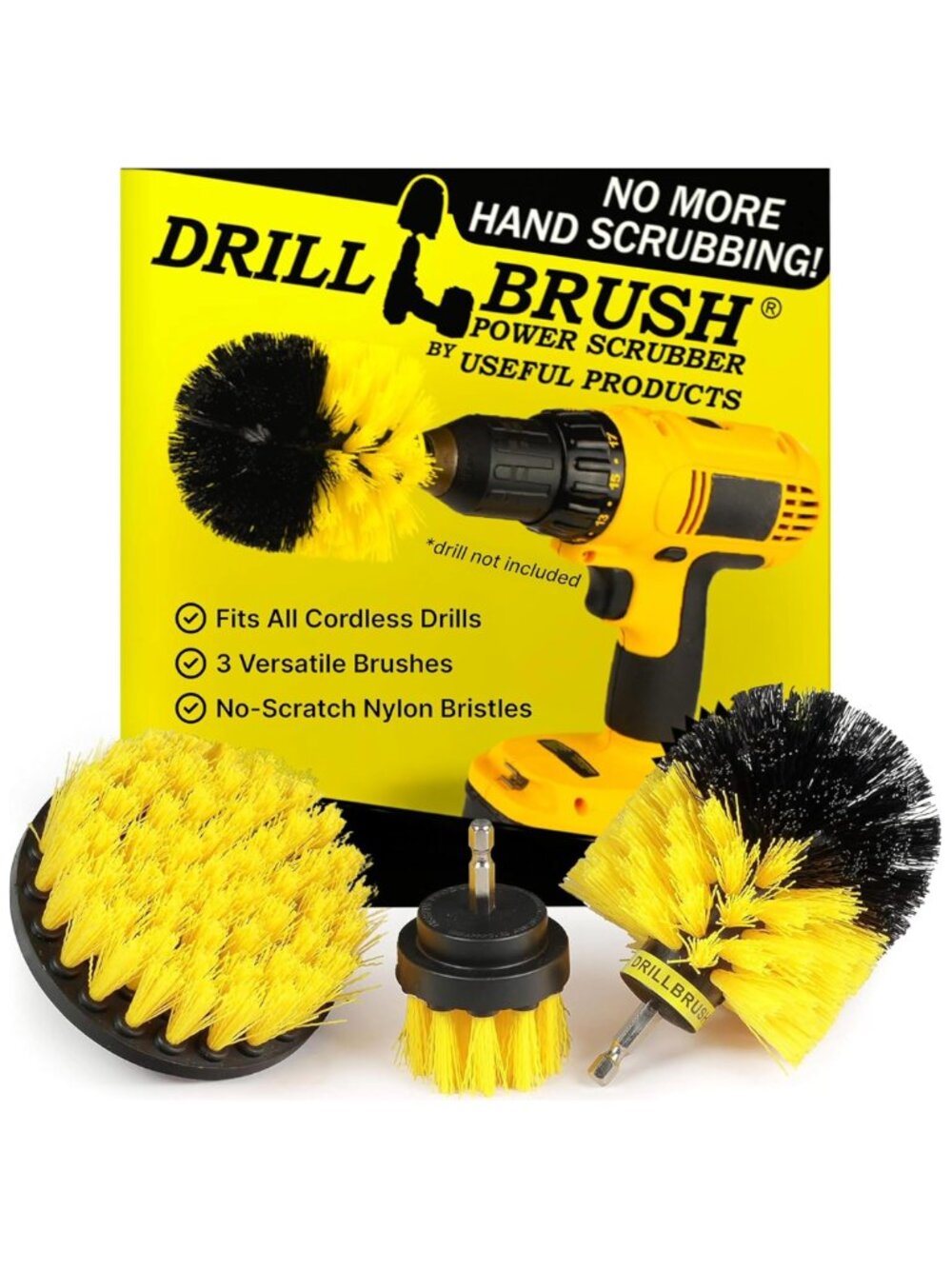 Drillbrush Power Scrubber 3-Piece Drill Cleaning Brush Set Yellow Medium NWT